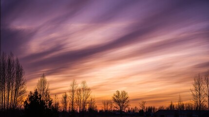 Fototapeta premium Golden sunset over a serene landscape, warm light through clouds, orange and purple hues blending in harmony