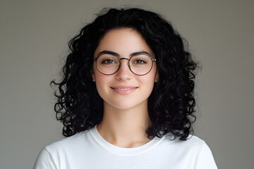 Fototapeta premium Confident and approachable young woman with curly hair and glasses smiles warmly, radiating intelligence and modern style in a studio portrait.