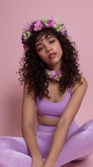 Naklejka premium Young hispanic female in lilac outfit with curly hair and floral headpiece