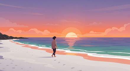 Obraz premium Person walking on beach at sunset, for websites and social media, with copy space