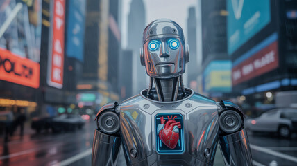 Robot with heart in futuristic city