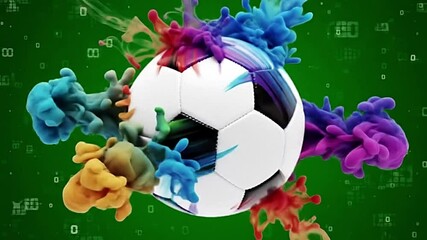 Vibrant 3D animation of a soccer ball bursting with colorful ink splashes on a dynamic green background. Perfect for sports promotions, creative ads,