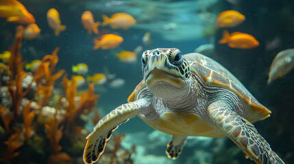 Sea turtle surrounded by colorful fish underwater