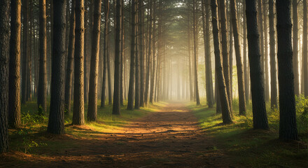 Fototapeta premium Forest, Pine forest, Trees, Sunlit Path Through Misty Pine Forest