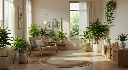 Living room, Interior design, Home decor, Cozy Living Room with Abundant Plants and Natural Light