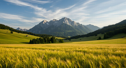 Fototapeta premium Mountains, Mountain range, Alps, Majestic Mountain Landscape with Golden Wheat Field
