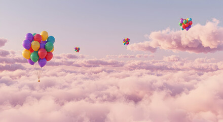 Fototapeta premium Balloons, Colorful balloons, Pink clouds, Colorful Balloons Floating Above Pink Clouds