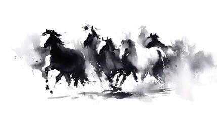 Obraz premium watercolor painting Silhouette of running horses