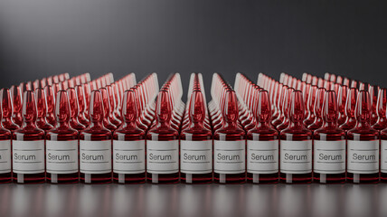 Rows of medicine vials filled with red liquid
