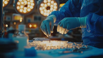 Surgical procedure in progress.  Gloved hands meticulously manipulate instruments on a sterile surface