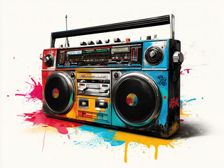 Pop Art Painting Hip Hop Stereo boom blaster Dripping Colors on Background with Street graffiti and paint splashes