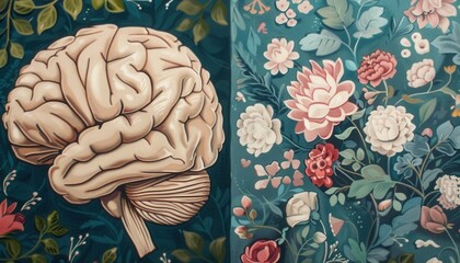 Mózg i Kwiaty - Ilustracja Medyczna z Elementami Botanicznymi