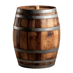 A wooden barrel with metal hoops and a wooden stopper on a transparent background in a studio setting