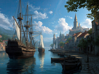 Picturesque Medieval Harbor Town With Ships And Scenic Landscape with Historic Coastal Buildings