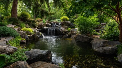 A High Resolution image of tranquil garden scene with pond waterfall.