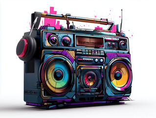 Vibrant Pop Art Painting and Hip Hop Stereo boom blaster with Dripping Colors on Background with Street graffitti and splashes of color paint