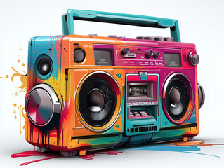 Vibrant Pop Art Painting and Hip Hop Stereo boom blaster with Dripping Colors on Background with Street graffitti and splashes of color paint