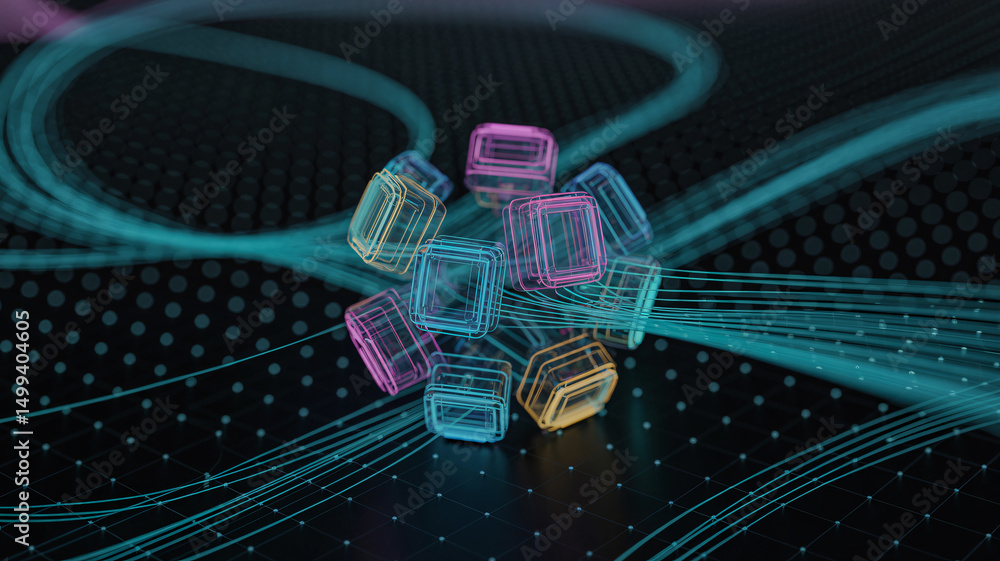 Poster 3d network with connected colorful nodes for modern technology themes
