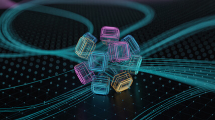 3D network with connected colorful nodes for modern technology themes