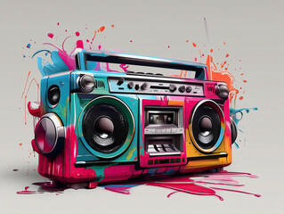 Vibrant Pop Art Painting and Hip Hop Stereo boom blaster with Dripping Colors on Background with Street graffitti and splashes of color paint