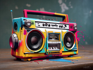 Vibrant Pop Art Painting and Hip Hop Stereo boom blaster with Dripping Colors on Background with Street graffitti and splashes of color paint