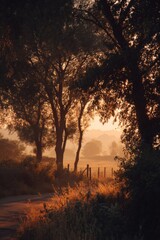 Fototapeta premium Sunrise Landscape with Trees and Foggy Field
