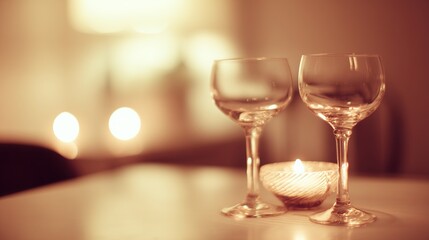 Elegant dinner table with wine glasses and candles, a romantic evening for two