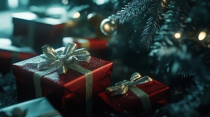 A festive scene featuring beautifully wrapped red gifts under a Christmas tree.