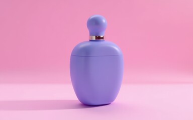 On a pink background there is a purple perfume bottle