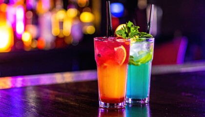 Vibrant cocktail display featuring colorful beverages in an inviting bar setting