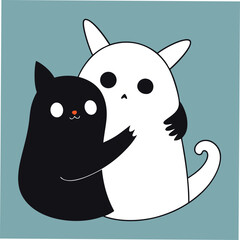 Ghost and black cat hugging best friends Halloween scene vector illustration