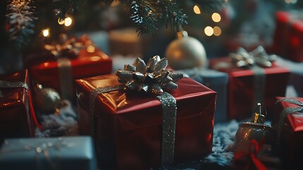A festive arrangement of beautifully wrapped gifts under a Christmas tree.