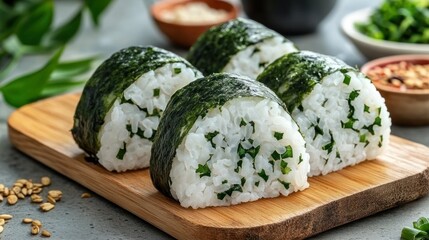 Four onigiri, rice balls, wrapped in seaweed