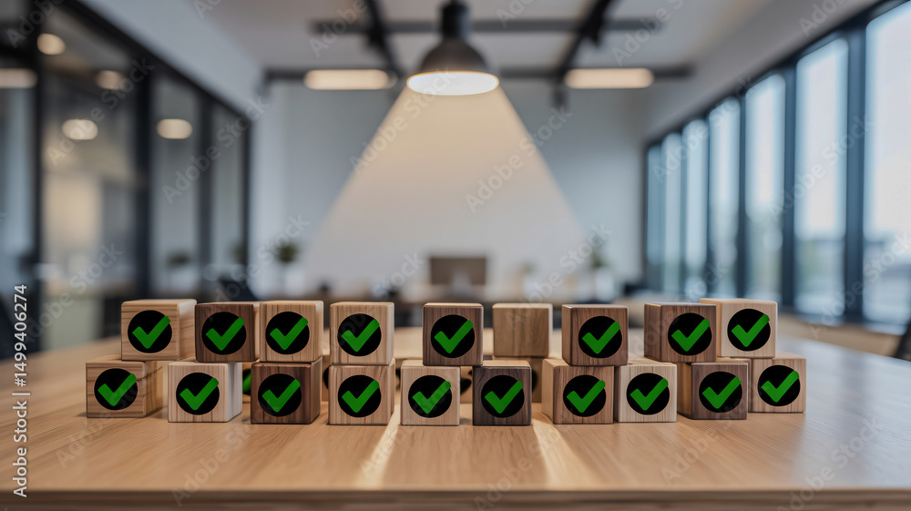 Poster wooden blocks with check marks arranged for a planning session in a modern office