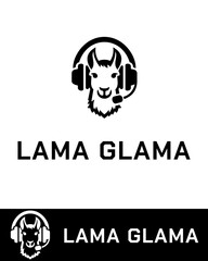 A creative logo design featuring a stylized llama wearing a headset with a microphone in black and white 