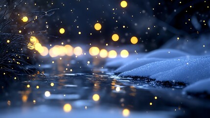 A serene winter scene with soft snow, a gentle stream, and glowing lights.