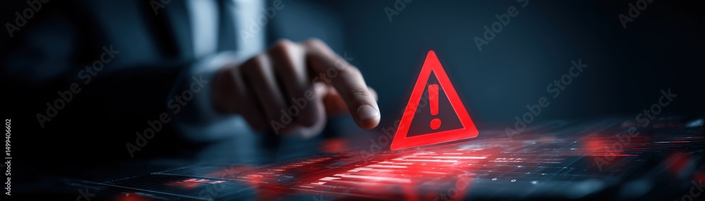 Poster a person points at a digital warning icon on a futuristic touchscreen, highlighting a cybersecurity 