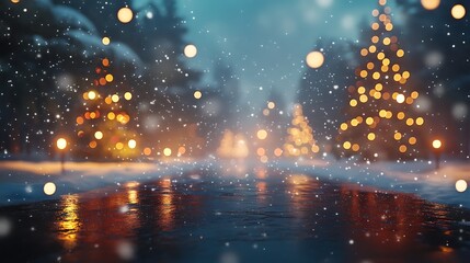 A serene winter scene with snow, trees adorned with lights, and a reflective pathway.