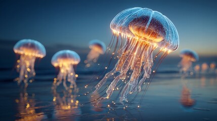 Fototapeta premium Glowing Jellyfish at Sunset Beach