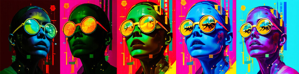 Vibrant Pop Art Portraits of a Woman in Sunglasses, Multicolored Background