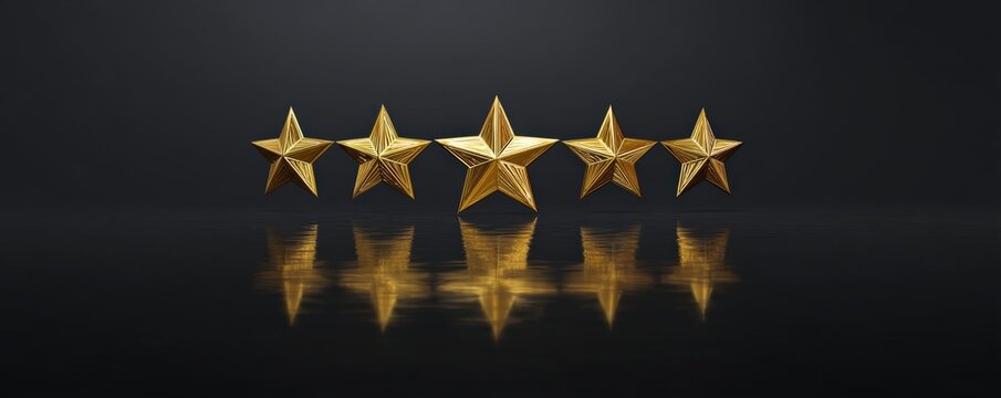 Five golden stars with reflections on a dark surface, symbolizing high quality and excellence.