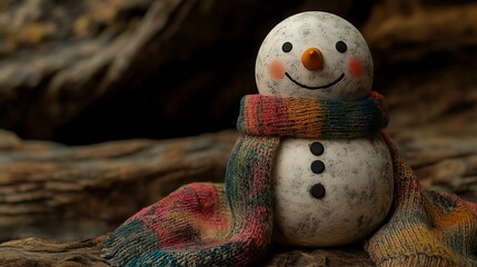 A cheerful snowman wearing a colorful scarf, set against a rustic wooden background.