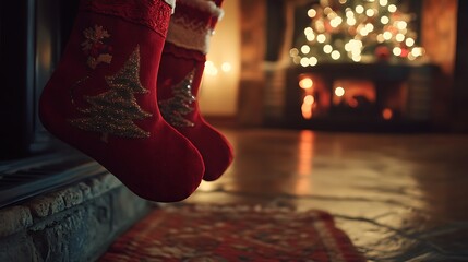 Cozy holiday scene with red stockings by a fireplace and a decorated Christmas tree.