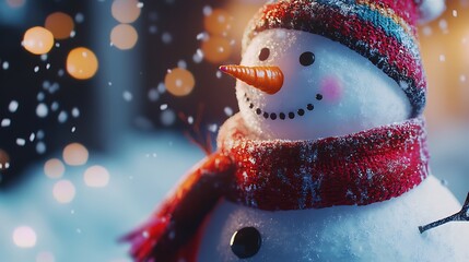A cheerful snowman adorned with a colorful scarf and a carrot nose, surrounded by falling snow.