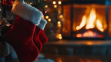 Cozy Christmas scene with stockings hanging by a warm fireplace and festive lights.