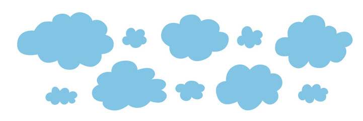 Cute blue cloud illustration set vector illustration. Hand-drawn cartoon clouds in different sizes on a clean white backdrop.