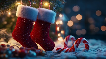 Festive scene with red stockings, candy canes, and holiday decorations.