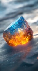 A vibrant, multifaceted crystal rests on icy sand, bathed in golden light.  Colors blend from blue to orange