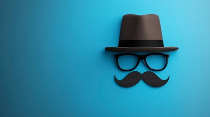 Blue background highlights a mustache, glasses, and hat in a flat lay top view for a Happy Father's Day concept, ideal for banner mockup stock photos with copy space.