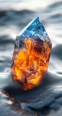 A vibrant,faceted crystal,  two-toned, resting on textured sand